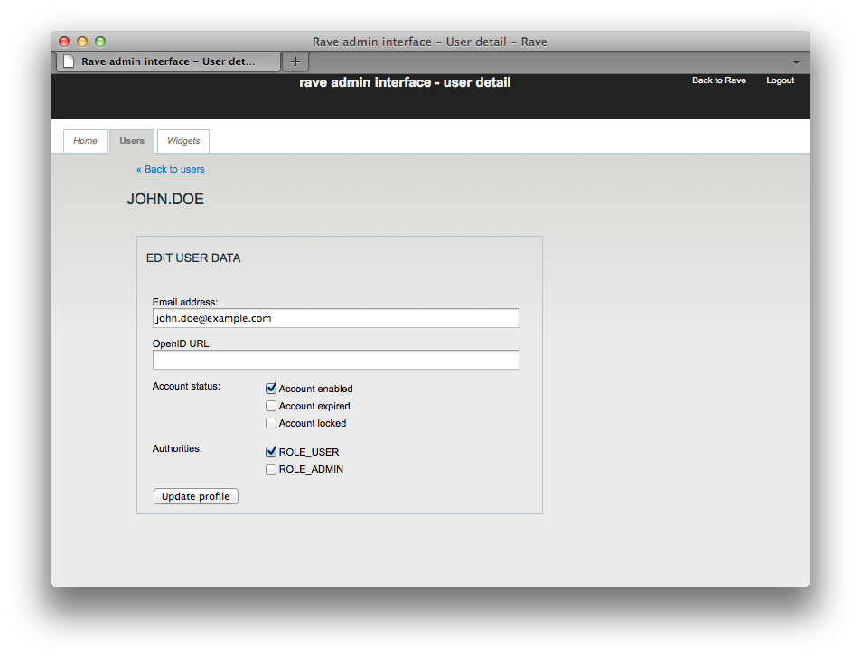 Screenshot of user details in admin interface