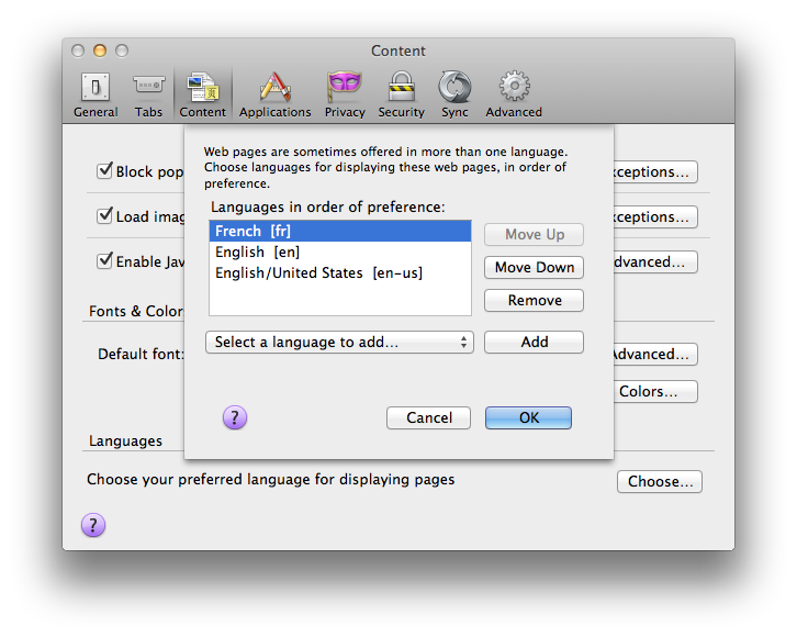 Setting French as preferred language in Firefox